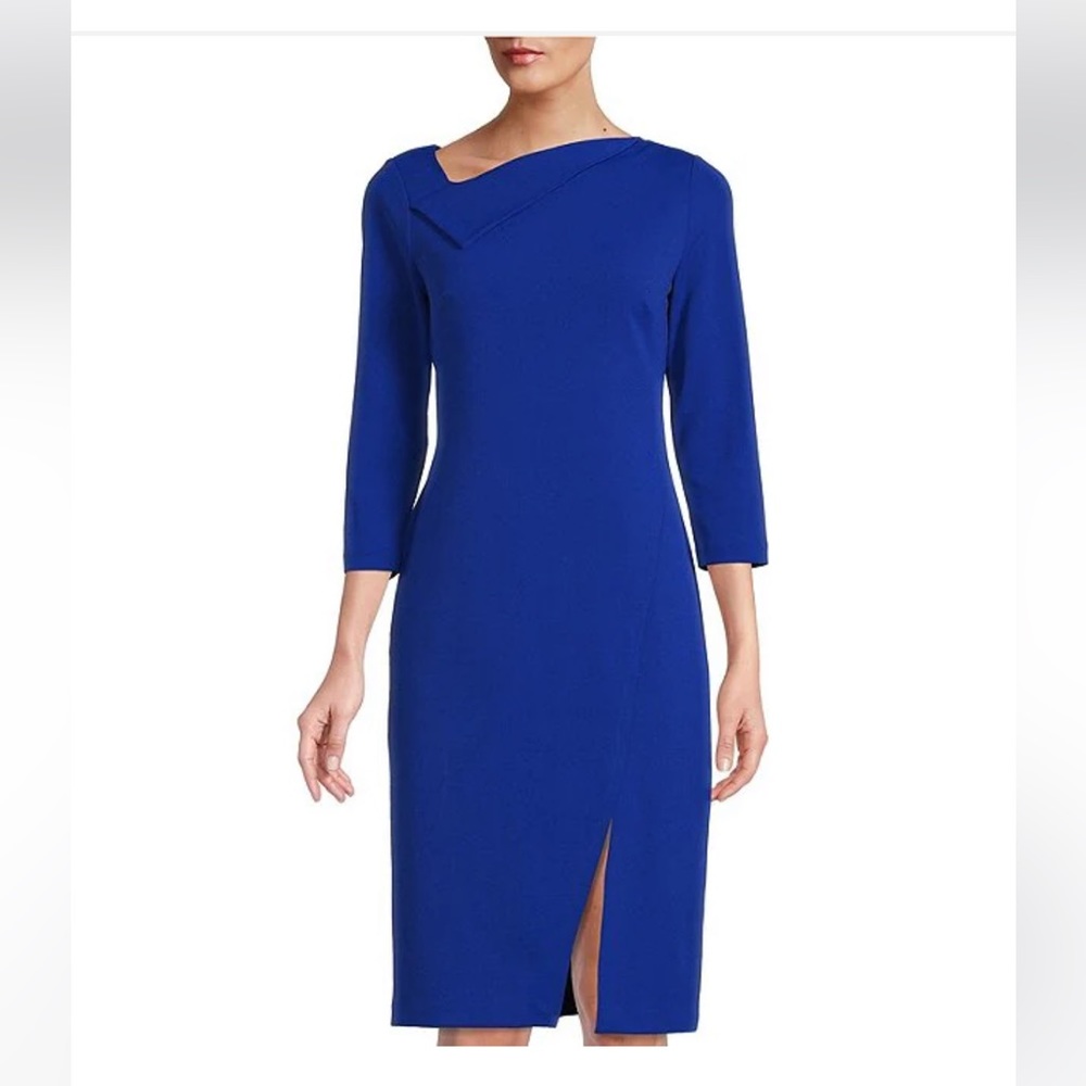 Calvin Klein Fold Over Frock Neck Slit 3/4 Sleeve Sheath Dress Blue Size 6